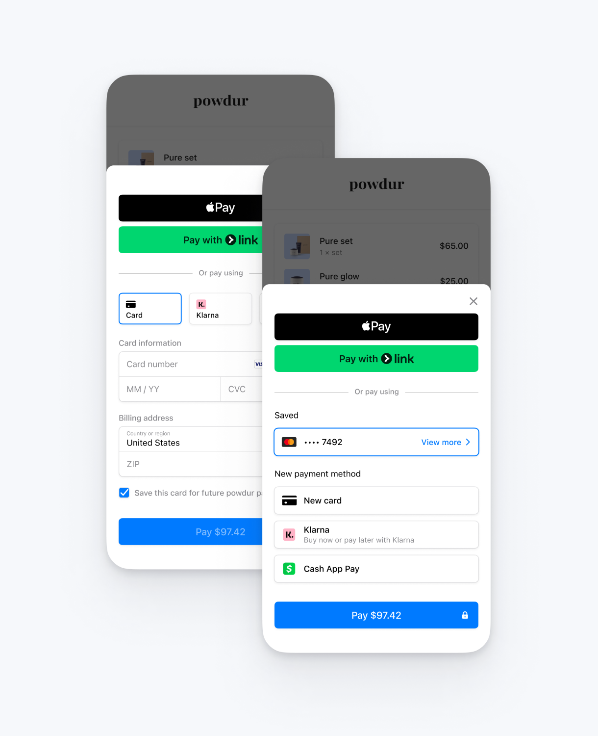 Stripe checkout with Apple Pay, Link, card and Klarna options