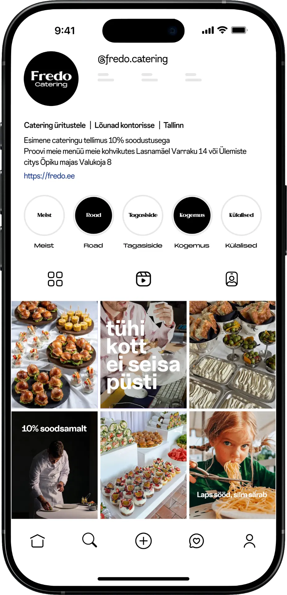 Fredo Catering Instagram grid shown in a mobile mockup